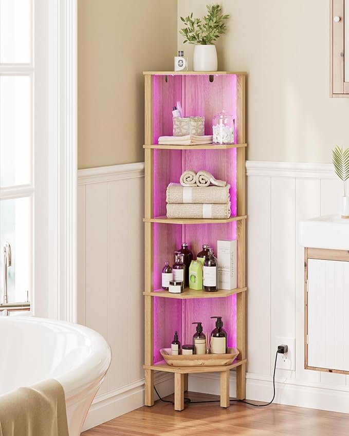 Corner Shelf Stand, 5 Tier Corner Bookshelf with Light,Corner Furniture for Bedroom Display Corner Shelf for Small Space,Wood Shelves with Storage Rack for Living Room,Office,Oak