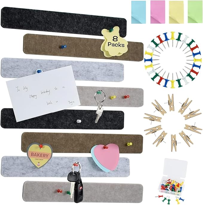 Vuzvuv 8 pcs Bulletin Board Bar Strips with 50 Pushpins & 10 Wooden Clip pins，Self Adhesive Cork Board for Wall，Felt Pin Board for School，Office Decor(Black Brown Gray)