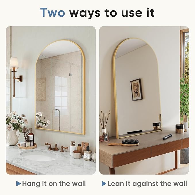 DUMOS Gold Metal Arch Vanity Rounded Rectangle Bathroom Mirrors for Over Sink Wall, 24x37 Inch Large Matte Mirror, Modern Decorative for Restroom, Farmhouse