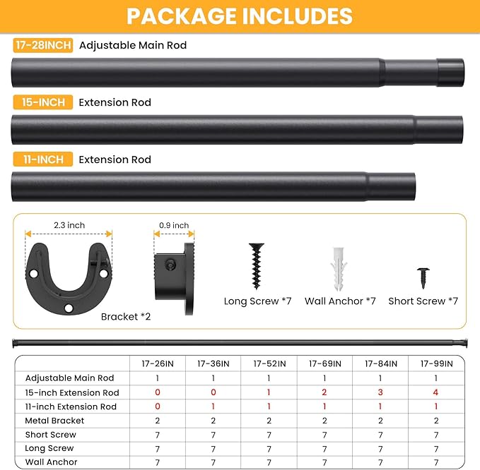 Closet Rods for Hanging Clothes, 17-26 Inch No-Cut Stepless Adjustable Closet Rod, 1.3 Inch Heavy Duty Metal Hanging Rod with Brackets for Closet, Laundry Room, RV, Wardrobes
