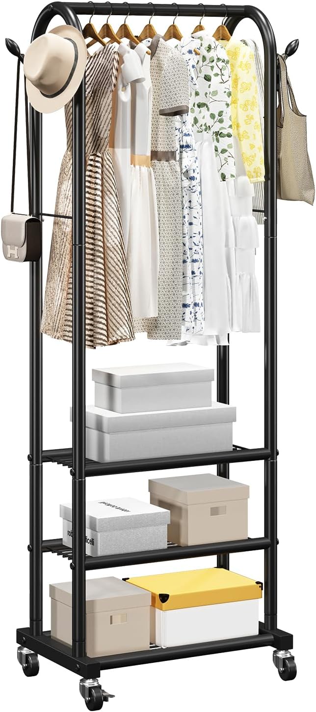 VEVOR Clothes Rack, Rolling Clothing Garment Rack with Hanging Rod and Side Hooks, 3 Storage Shelves, 99 lbs Load Capacity, Heavy Duty Carbon Steel Clothing Racks for Bedroom, Laundry, Living Room