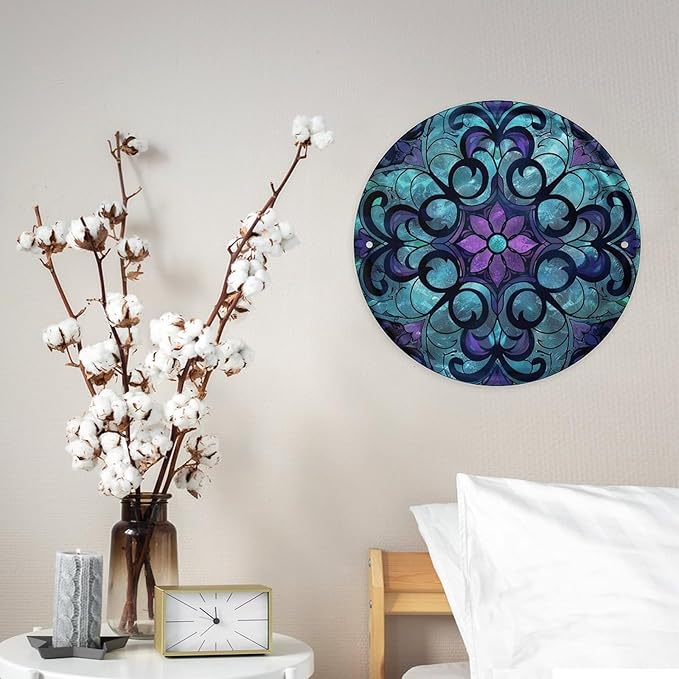 Wall Picture, with Stained Glass Pattern Printed Circular Iron Hanging Picture,Wall Art Decor,Home for Bedroom Living Room Bathroom Decor,Iron Painting 11.8X11.8 in