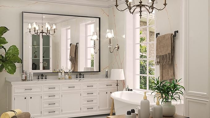 Keonjinn 48 x 36 Inch Black Bathroom Mirror, Large Rectangle Mirror for Vanity, Matte Black Metal Framed Farmhouse Mirrors, Square Corner Rectangular Wall Mirrors for Over Sink(Horizontal/Vertical)