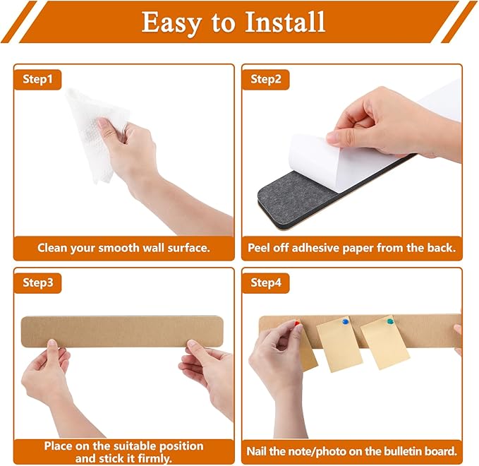 8Pcs Rectangle Felt Cork Board Bar Strips with 35 Pushpins, Self-Adhesive Bulletin Board Strips for Office School Home Wall Decor Stickers Memos Schedules Photos Display -Gradual Red