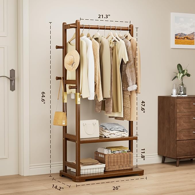 Coat Rack Solid Wood Clothes Rack with 2 Shelves & 4 Hooks for Hanging Clothes Garment Wallets Hats, Clothing Rack Heavy Duty Coat Rack Freestanding with Storage Hall Tree for Hallway Bedroom