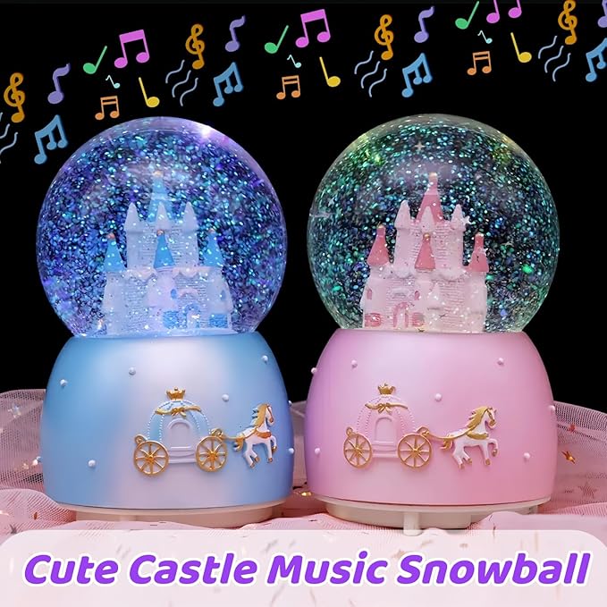 Blue Castle Snow Globes, Girls Music Snowglobes with LED 7 Colors Lights, Automatic Snow Fall Effect, Home Decor for Kids Room Essentials, Gifts for Birthday Christmas Valentines Mother's Day (Blue)