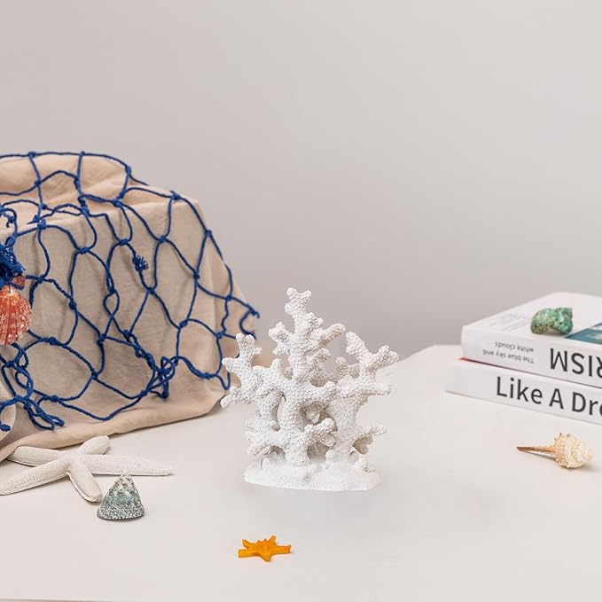 7.1" H White Coral Decor, Resin Statue, Nautical Decorations for Home, Bedroom, Bathroom, Living Room, Beach/Coastal/Ocean Themed Cabinet Shelf Tabletop Decor