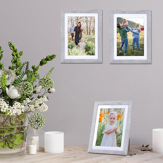 Lyeasw 5x7 Picture Frame 15 Pack, Display Pictures 5x7 with Mat or 6x8 without Mat, Grey Bulk Photo Frames for Wall or Tabletop