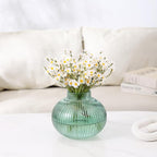 Green Glass Vase for Tulips, Ribbed Glass Vase for Flowers, Round Flower Vases, Small Short Vases for Living Room, Office, Coffee Table, Shelf, Wedding, 6 Inches