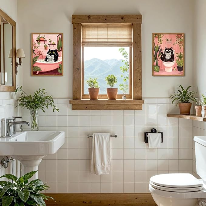 Framed Funny Bathroom Black Cat Canvas Wall Art Set of 2, Cute Cat Reading Newspaper on Toilet Pictures Wall Decor, Humor Animal in Bathtub Paintings Prints for Restroom 12x16 inch