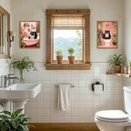 Framed Funny Bathroom Black Cat Canvas Wall Art Set of 2, Cute Cat Reading Newspaper on Toilet Pictures Wall Decor, Humor Animal in Bathtub Paintings Prints for Restroom 12x16 inch