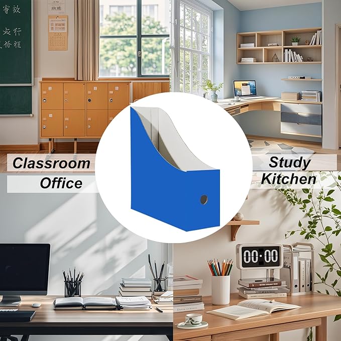Limitliho 24 Pack Cardboard Magazine File Holder for Desktop ，Blue Book Bins for Classroom Library, Office or Home, Vertical Paper Boxes for Storage with Label(10.6" H x 10.2" L x 3.5" W in)