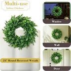 24" Faux Large Preserved Boxwood Wreath - Waterproof Spring & Summer Greenery Floral Wreath for Front Door, Porch, Farmhouse, Wall, Window - Indoor & Outdoor All Seasons Hanging Home Décor