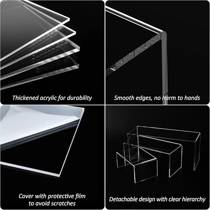 Sezanrpt 8.5x9x9.5 Inch Acrylic Risers Display Stands 3pcs, Rectangular Display Risers 3 Steps, Clear Acrylic Stand for Brand Store, Retails