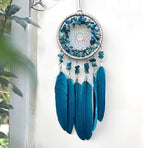 Car Rear View Mirrior Hanging Accessories Blue Dream Catcher Small, Crystals Stones Feather Pendant Interior Rearview Mirror Decoration