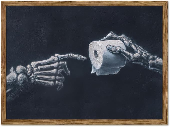 Funny Skeleton Bathroom Wall Art Gothic Skull Hand and Toilet Paper Bathroom Wall Decor Picture, Dark Academia Restroom Poster Canvas Print Painting 12x16 inch Wood Framed