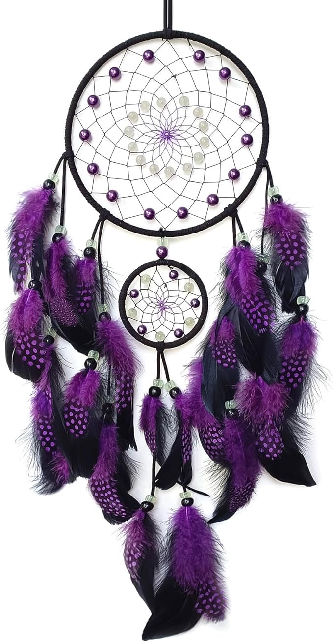 Purple and Black Dream Catcher Wall Decor Feather Dream Catchers with Luminous Bead Handmade Dreamcatcher Wall Hanging Ornament for Bedroom Living Room Home Decor
