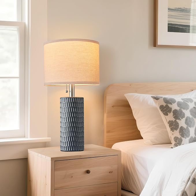 Reaketon 20.5" Modern Ceramic Table Lamps for Bedroom Set of 2, Bedside Lamps for Night Stands with Beige Lampshade, Farmhouse Table Lamp for Living Room Office Dorm, Grey