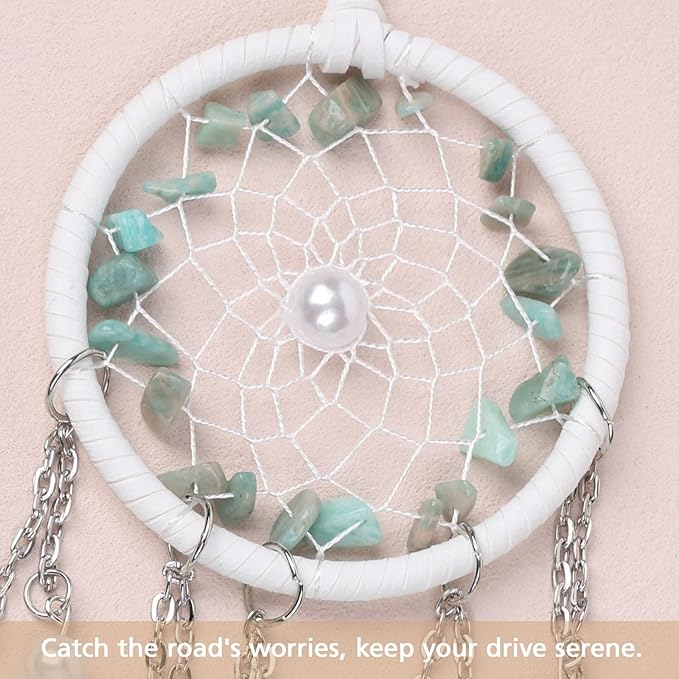 Pretty Jolly Crystal Stone Small Dream Catchers Mint Green Feathers Mini Dreamcatchers with Beads for Cars Rear View Mirror Hanging Decoration Good Luck Travel Charm Bedroom Ornaments for Women Girls