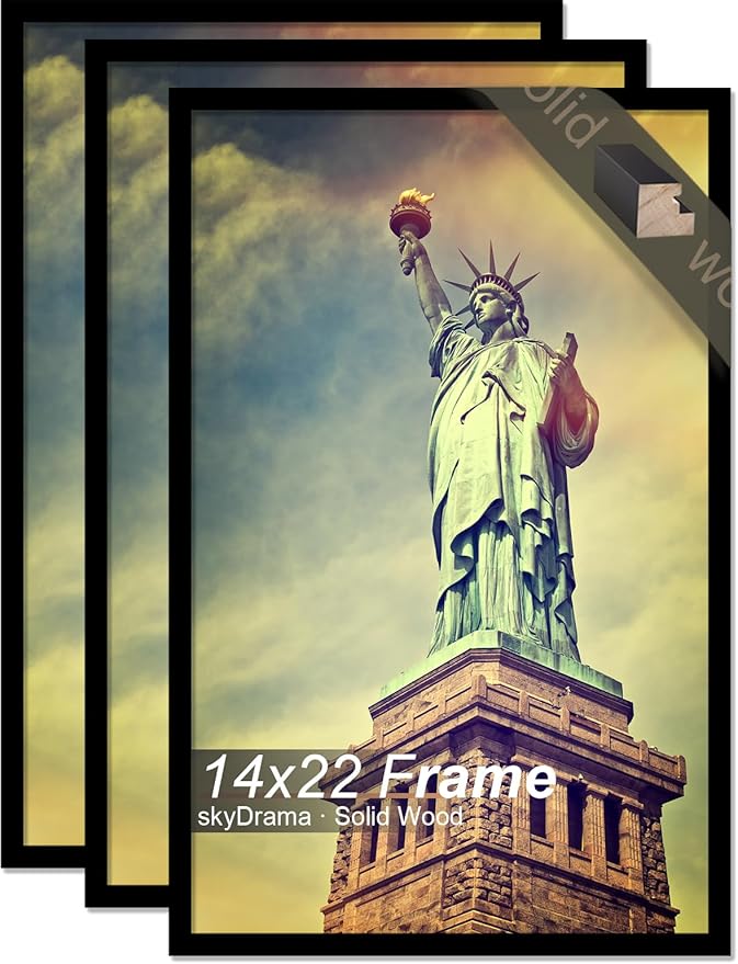 100% Solid Wood 14x22 Picture Frame Set of 3, Black Frame for 14 x 22 Inch Picture Poster Photo, Light Weight 14 by 22 HQ Matte Black Frame for Wall - 3 Pack/Black/14 x22