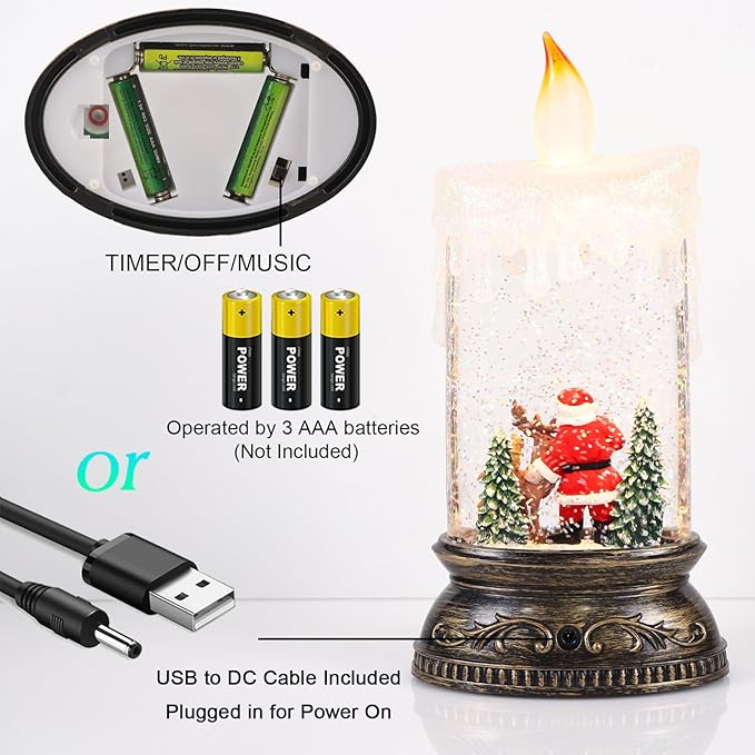 Christmas Snow Globe Candle with Timer & Music, Santa Flying with Reindeer Scene, Swirling Glittering Candle Shaped Snow Lantern, USB/Battery Operated Lighted Lantern for Christmas