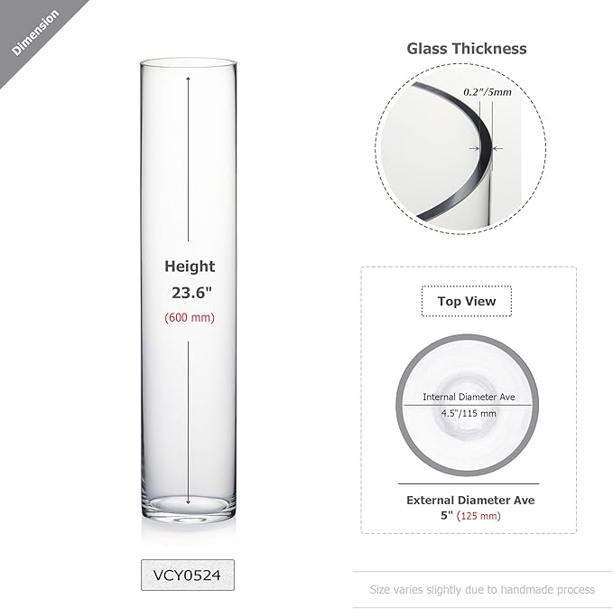 WGV Cylinder Vase, Diameter 5", Height 24", Clear Glass Floral Planter Container, Tall Centerpiece Arrangement for Wedding Party Event Home Office Decor, 1 Piece