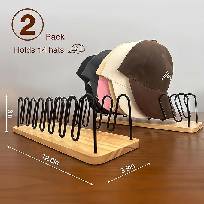Hat Organizer for Baseball Caps-2 PacK | Wood & Metal Hat Rack Holds 14 for Baseball Caps | Space-Saving Closet Shelf Organizer for Bedroom, Dresser, Entryway