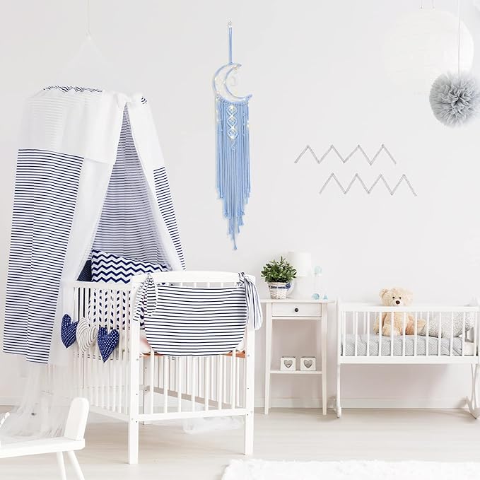 Macrame Moon Dream Catcher for Girl, Blue Boho Crescent Dreamcatcher for Bedroom Adult, Handmade Nursery Room Wall Hanging with Star Pendant for Teen Boy, Bohemian Home Decoration Idea