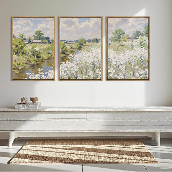 BINCUE Framed Wildflower Wall Art Rustic Floral Wall Decor Vintage Landscape Artwork Nature Flowers Wall Pictures Wildflowers Art Prints Florals Paintings for Living Room Bedroom Bathroom Farmhouse 16x24 Inches Set of 3 Gift