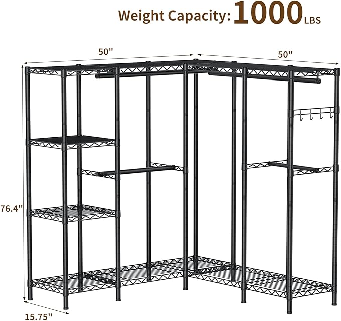 Heavy Duty Garment Rack Clothes Rack,Large Metal Closet Organizer System Storage Wardrobe,Freestanding Clothing Rack with Adjustable Wire Shelves& Hang Rods,MaxLoad 1100lbs