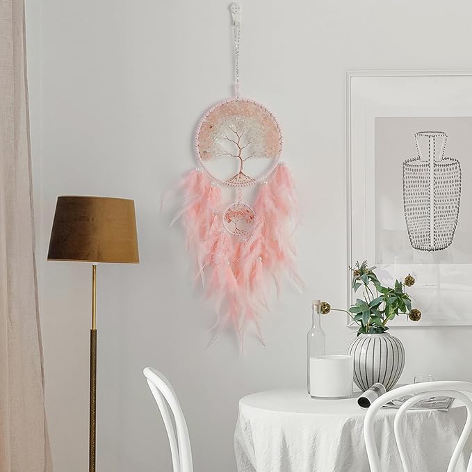 Dream Catcher, Handmade Dreamcatcher with Healing Crystal Stone, Tree of Life Dream Catchers Hanging Ornament for Home Bedroom Birthday Party, Perfect Craft Gift for Kids (Double Pink)