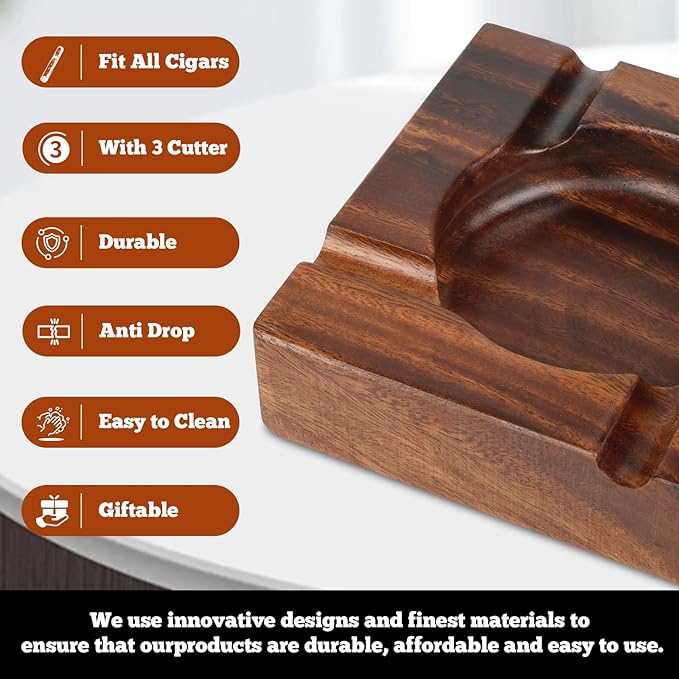 Premium Extra Large Wooden Cigar Ash Tray with 3 Cigar Cutter set, Cigarette Ashtray for Smokers Outside Patio Home Office Bar Use
