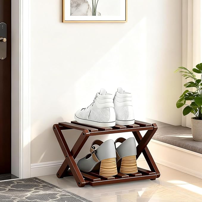 2/3/4/5/6/7/8/9 Tier Bamboo Folding Shoe Rack,2026 New Bamboo Foldable Shoe Rack,no Installation Required,Vertical Multi-Layered Organizer,Space-Saving for Entryways& Balconies (Brown, 2)