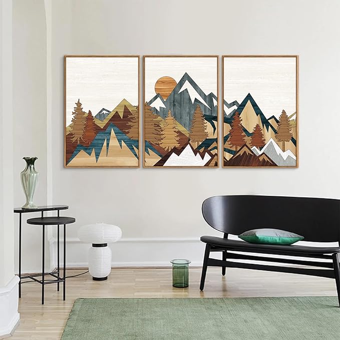 SIGNINART Vintage Mountain Framed Canvas Wall Art, Boho Sunrise Art Prints, Forest Nature Wilderness Art Paintings, Modern Farmhouse Woodcut Style Wall Decor for Living Room Bedroom, Office 24"x36"x3