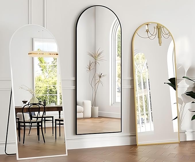 Dewfig Arched Full Length Mirror,64"x20" Gold Mirror with Stand, Full Body Mirrors for Leaning Against or Wall Mounted, Large Floor Mirrors for Bedroom, Living Room, Gold