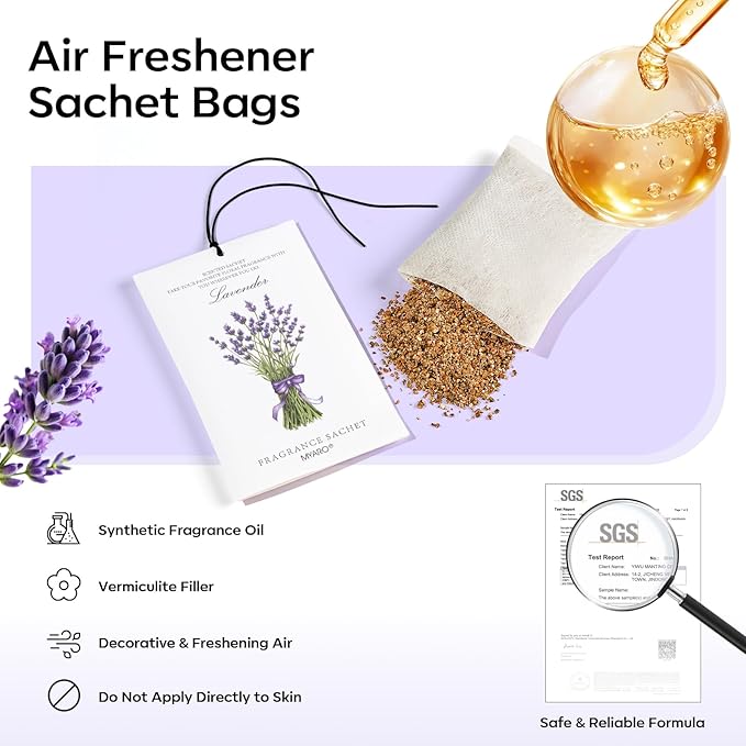 MYARO 12 Pack Assorted Floral Scented Sachets - Lavender, Rose, Jasmine, Ocean, Gardenia & Lily | Drawer, Closet & Car Air Freshener Bags | Multi-Scent Home Fragrance Gift Set