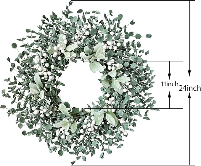 Jasuline 24 Inch Eucalyptus Wreaths for Front Door - Summer Spring Boxwood Greenery Leaves Wreath with Lambs Ear & White Berries, All Season Outdoor Hanging Decor for Indoor Porch Window Wall
