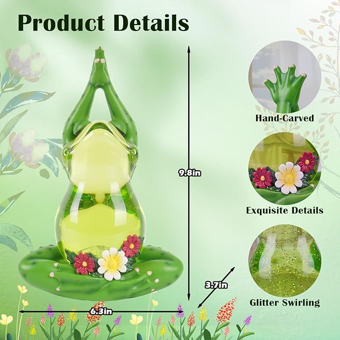 Spring Frog Snow Globe Decor with 6H Timer, Swirling Glitter Frog Snowglobe Spring Figurine Decorations, USB/Battery Operated, Frog Yoga Pose Statue for Spring Holiday Home Decor and Gift