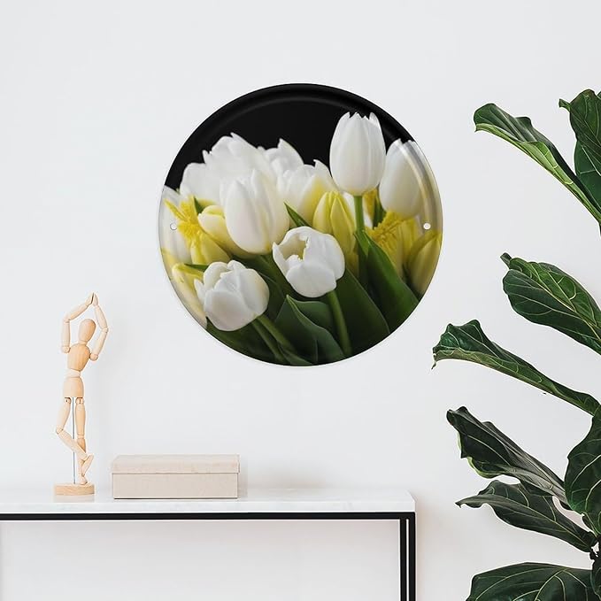 Wall Picture, with Different Flowers Printed Circular Iron Hanging Picture,Wall Art Decor,Home for Bedroom Living Room Bathroom Decor,Iron Painting 11.8X11.8 in