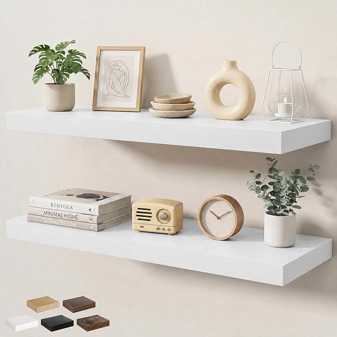Floating Shelves for Wall 36 in x 9.3 in Deep, Wall Mounted Rustic Wood Shelf with Invisible Brackets for Storage & Display, Living Room Bedroom Bathroom, White, 2 Pack