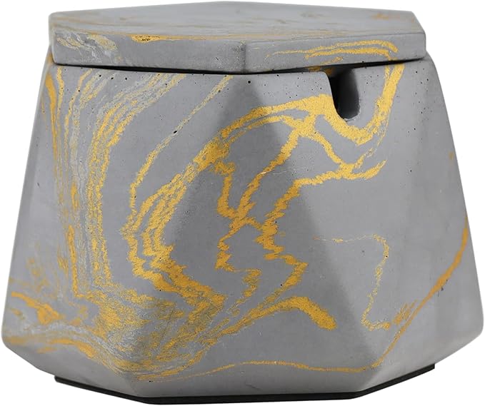 FREELOVE Concrete Ashtray with Lid & Stainless Steel Ashtrays for Cigarettes, Cement Ash Tray Smoking Holder Indoor Smokeless Outdoor Windproof Patio Home Office Cool Decor(Grey-Gold, Large)