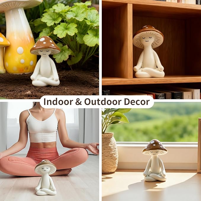 Meditation Mushroom Resin Statues – Cute Yoga Mushroom Figurines for Desk, Home, Office & Garden Decor – Zen Resin Sculptures for Living Room, Patio, Tabletop & Backyard (1 Pack, Mushroom)