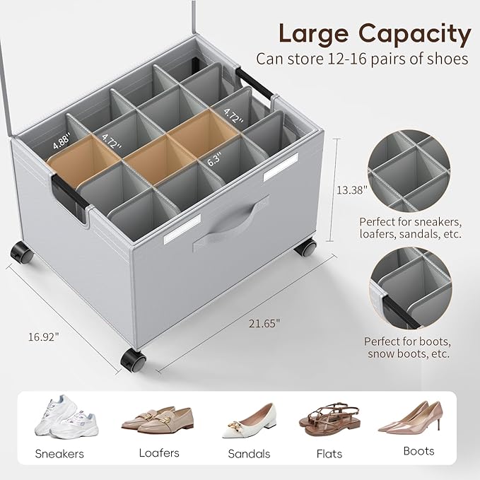 HOUSE AGAIN Shoe Organizer for Closet, Foldable Shoe Storage Organizer Box with Wheels and Adjustable Dividers, Sturdy Metal Frame Fits up to 16-32 Pairs, Large Shoes Storage with Clear Cover