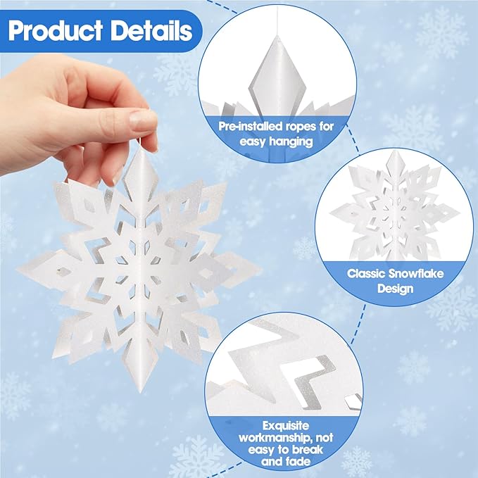 12Pcs White Snowflake Ornaments for Christmas Tree - 3D Paper Hanging Snowflakes Garland, Large Christmas Snowflake Decorations with 3 Size for Xmas Winter Wonderland Indoor Home New Year Party Decor
