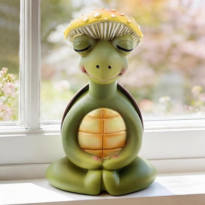 Meditation Mushroom Resin Statues – Cute Yoga Mushroom Figurines for Desk, Home, Office & Garden Decor – Zen Resin Sculptures for Living Room, Patio, Tabletop & Backyard (1 Pack, Turtle)