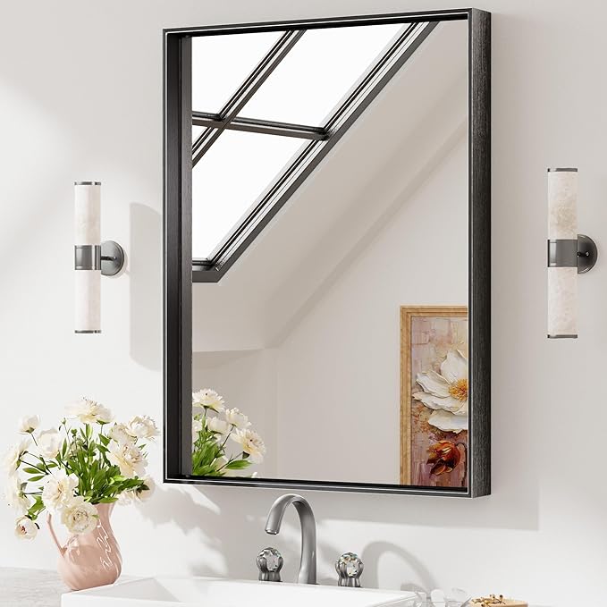 Keonjinn 24 x 32 Inch Black Mirror for Wall, Rectangle Bathroom Vanity Mirrors for Over Sink, Metal Framed Farmhouse Mirror, Square Corner Brushed Rectangular Mirror(Horizontal/Vertical)