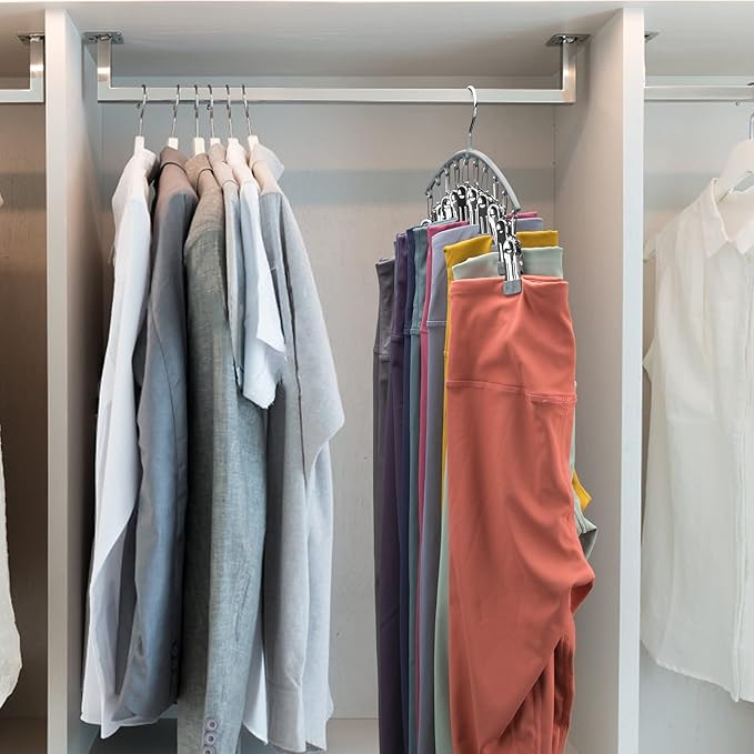 Legging Organizer for Closet, Metal Yoga Pants Hanger w/Rubber Coated 4 Pack w/10 Clips Hold 40 Leggings, Hangers Space Saving Hanging for Closet Organizers and Storage-Gray