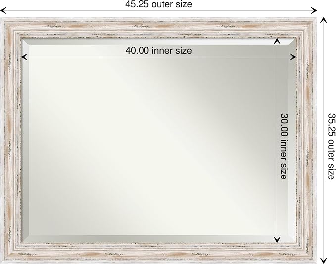 Amanti Art White Wall Mirror 35x45 Alexandria White Wash Rectangle Bathroom Mirror for Wall Decor Living Room, X-Large Cottage Wood Frame, Hangs Horizonally and Vertically, Bathroom Decor, Beveled