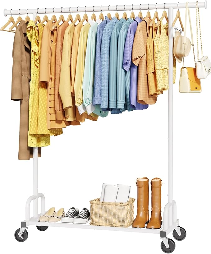 Clothes Rack - Large-Capacity Clothing Racks for Hanging Clothes with Lockable Wheels, Space-Saving Metal Coat Rack for Bedroom, Laundry Room, Entryway, 45.6" x 16.9" x 59", White