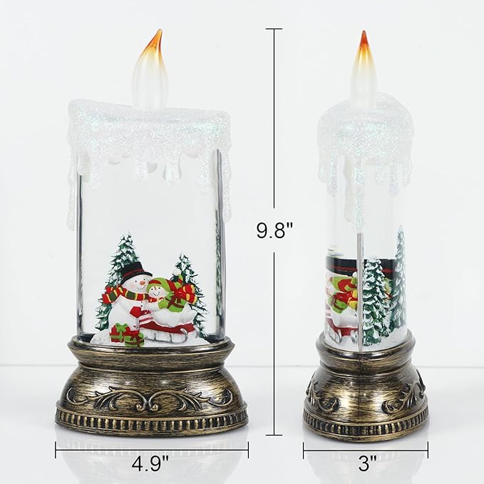 Christmas Snow Globe Candle with Timer & Music, Snowman Family Scene, Swirling Glittering Candle Shaped Snow Lantern, USB/Battery Operated Lighted Lantern for Christmas Decoration